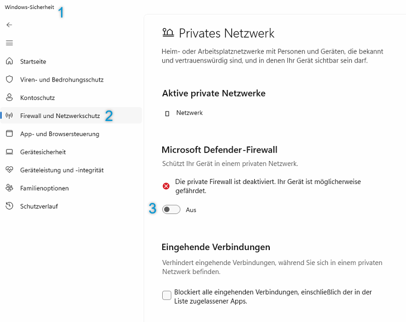 Beschreibung, wie man die Microsoft Defender-Firewall deaktiviert.